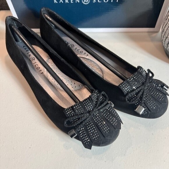 KAREN SCOTT ANABELA RHINESTONE SUEDE SLIP ON BALLET FLATS/Black size 7.5 - Picture 6 of 13